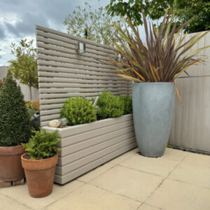 contemporary trellis fence panels in a natural wood finish