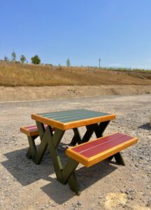 Contemporary Garden Picnic Bench on rough gravel