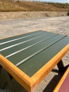 close up of Contemporary Garden Picnic Bench with dark green tabletop