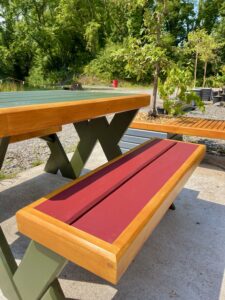 Contemporary Garden Picnic Bench seating in a burgundy red colour