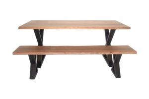 Natural finish bench with black support legs and matching table