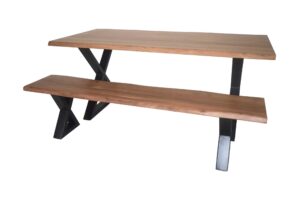 Natural finish bench with black support legs and matching table